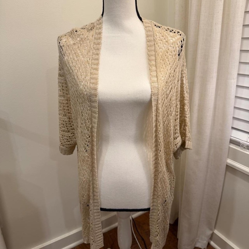 Miss Daisy Beige Crochet Knit Open Front Cardigan Pointelle Indie Boho Wrap M/L